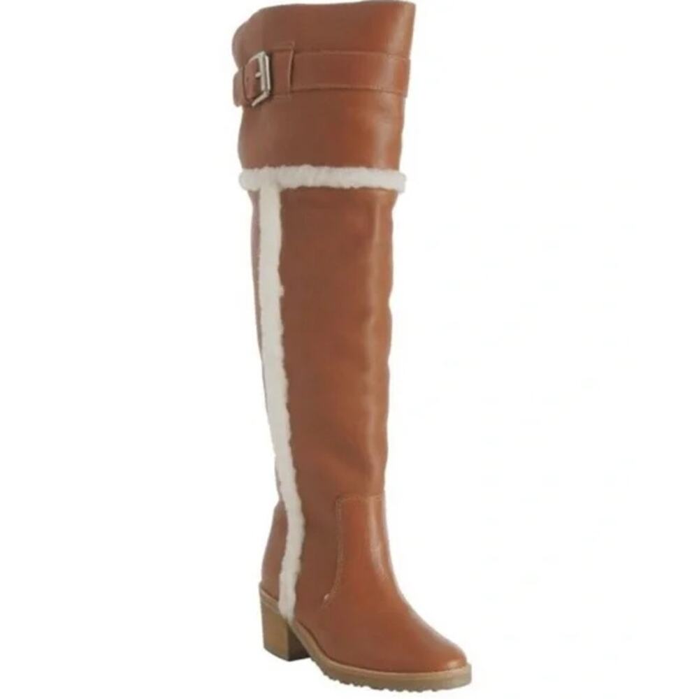 Michael Kors Casey Over The Knee Boots Leather Shearling Lined Buckle Heeled